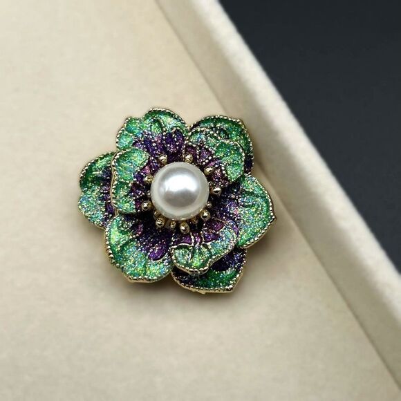 Yellow Gold Glittery Pearl with Purple and Green Enamel Flower Pin Back Brooch - Picture 4 of 7